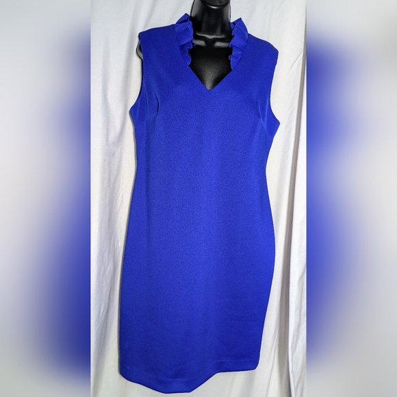 Calvin Klein Ruffle Neck Royal Blue Midi Sleeveless Dress |‎ Size 14 - Picture 1 of 8